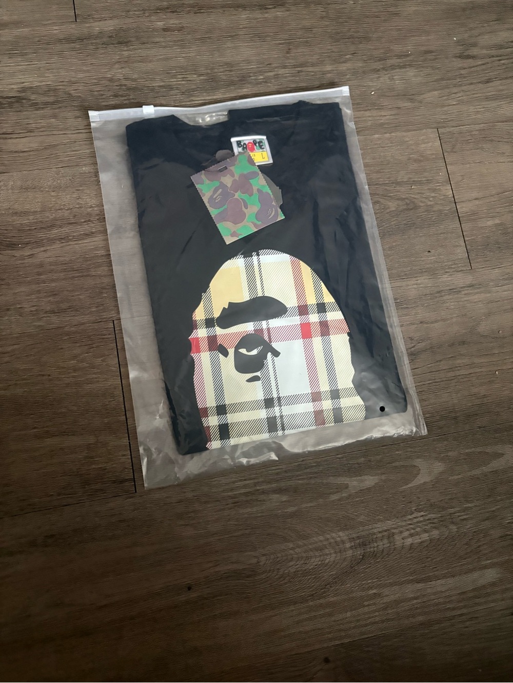 Bape Black Short Sleeve Tee with Plaid Ape Head Graphic